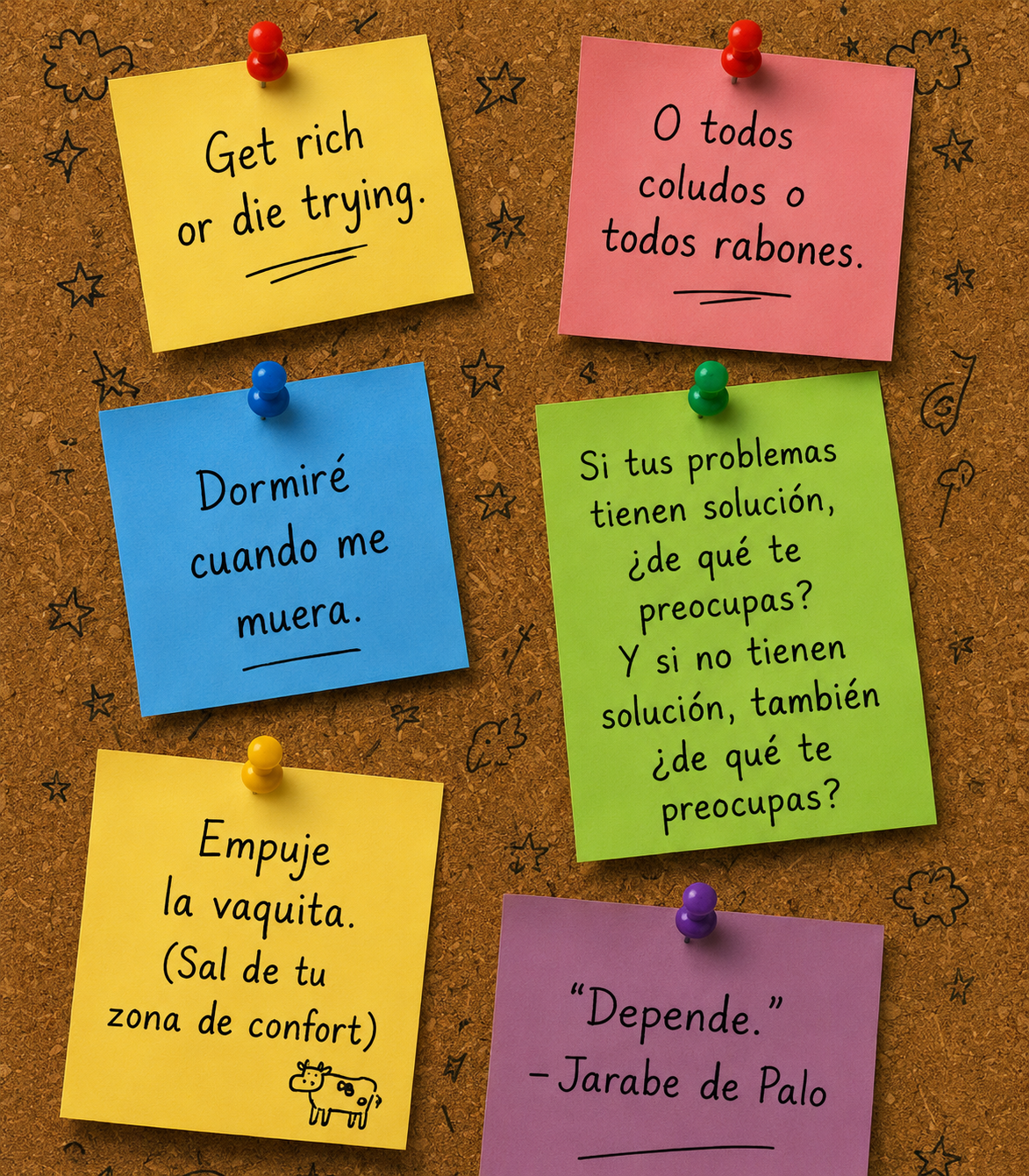 Six colorful notes with Adolfo's thoughts